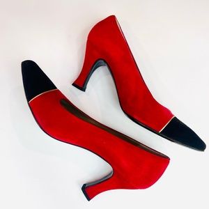St John Red & Black Suede with gold trim, Made In Italy, Grt Cond.,  8.5